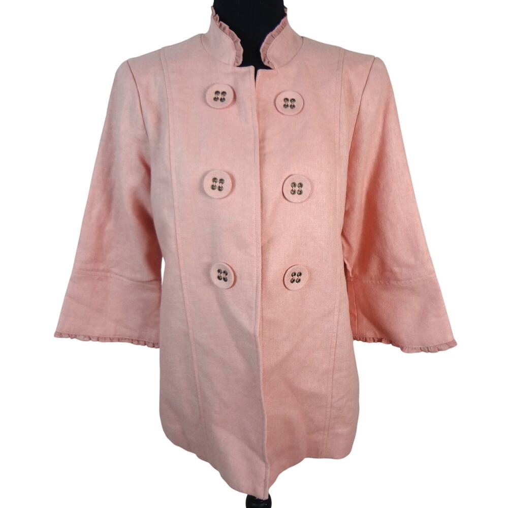 MULTIPLES Pink Linen Blend Jacket Big Buttons Lace Trim PS Petite Small Womens